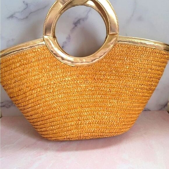 Summer Swim bag woven basket purse double handle - Picture 1 of 6